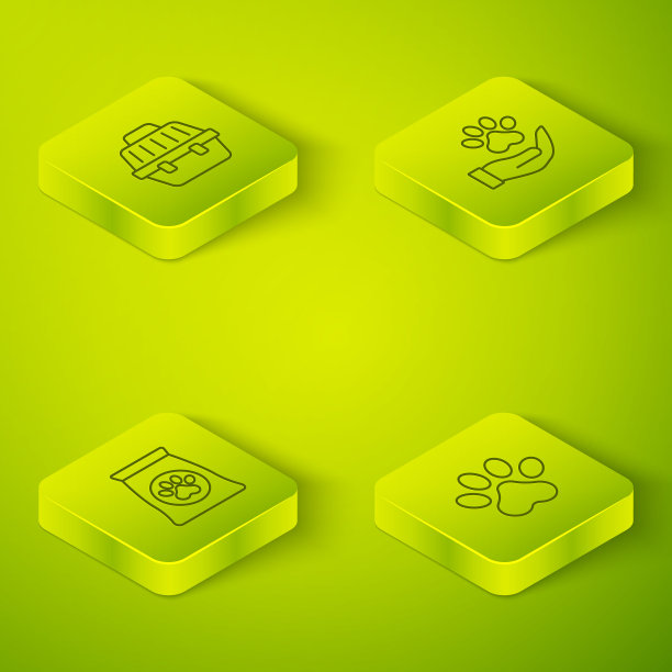 设定等距线手与动物足迹，食品袋的宠物，爪子和宠物手提箱图标。向量图片下载