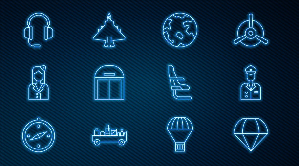 设置线降落伞，飞行员，世界范围内，飞机机库，空姐，带麦克风的耳机，飞机座位和喷气式战斗机图标。向量图片下载