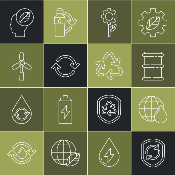 设线回收符号内盾，地球行星水滴，桶，叶片植物齿轮机，刷新，风力涡轮机，人类头部与叶片和图标。向量图片下载