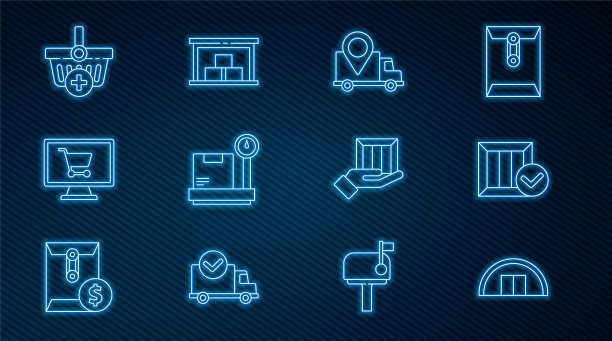 设置线仓库，木箱与复选标记，交货跟踪，规模纸板，购物车在电脑上，添加到篮子，手盒和图标。向量图片下载