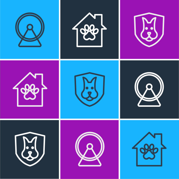 设置线仓鼠轮，动物健康保险和宠物屋图标。向量图片下载