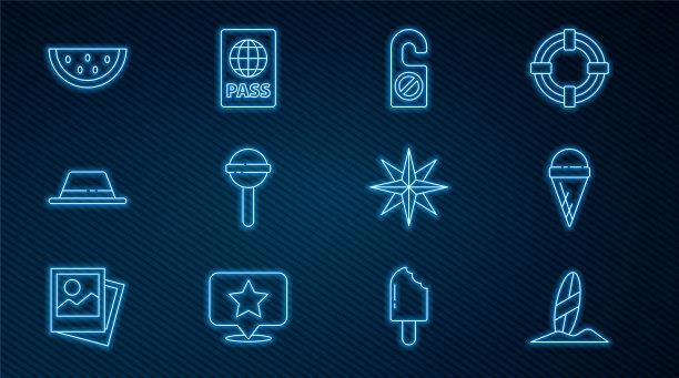 冲浪板，华夫蛋筒冰淇淋，请勿打扰，棒棒糖，带丝带的男士帽，西瓜，风玫瑰和护照图标。向量图片下载