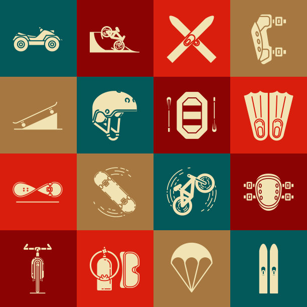 集滑雪和棍棒，护膝，橡胶脚蹼游泳，头盔，滑板在街道坡道，全地形车辆ATV摩托车和漂流船图标。向量图片下载