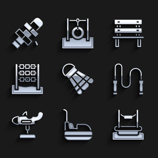 集羽毛球，碰碰车，蹦极，跳绳，秋千飞机，井字游戏，长凳和跳房子图标。向量图片下载