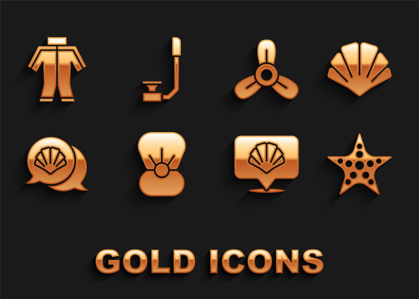 集贝壳珍珠，扇贝海贝壳，海星，船螺旋桨，涡轮机，潜水服和浮潜图标。向量图片下载