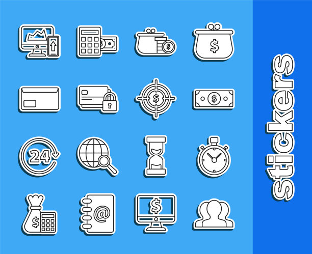 设置线路用户组，叠纸币现金，带硬币钱包，信用卡锁，信封，金融图表或图形，电脑显示器和手机和目标美元符号图标。向量图片下载