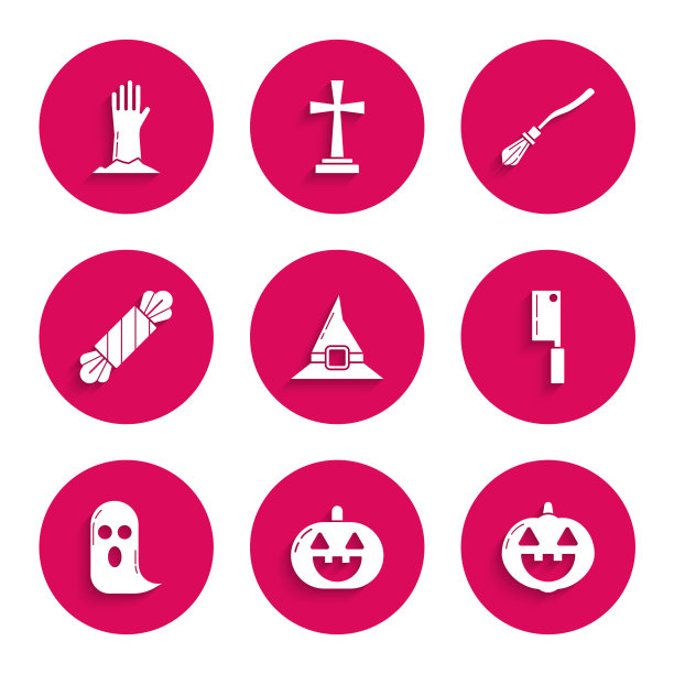 设置女巫帽子，南瓜，肉斩，鬼，糖果，女巫扫帚和僵尸手图标。向量图片下载