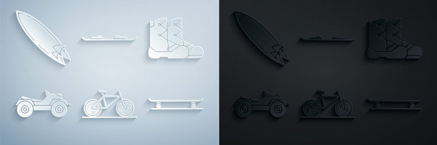 集自行车，靴子，全地形车辆或ATV摩托车，滑板，滑雪板和冲浪板图标。向量图片下载