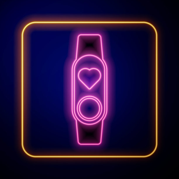 发光的霓虹灯智能手表显示心率图标孤立的黑色背景。健身App概念。向量图片下载
