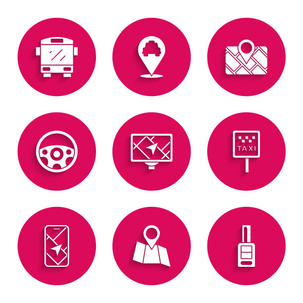 设置Gps设备与地图，折叠位置，汽车钥匙遥控器，道路标志出租车站，城市导航，方向盘，和巴士图标。向量图片下载