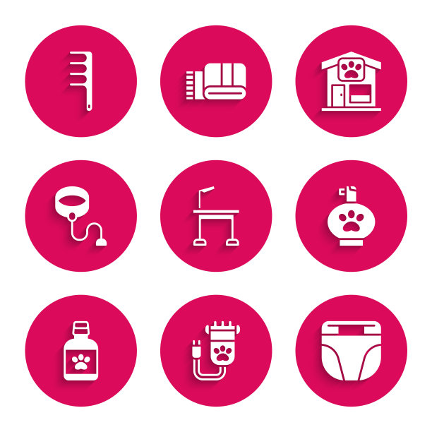 套装宠物梳妆台，宠物剪发器，狗尿布，洗发水，狗药瓶，可伸缩绳带，以及刷子和猫的图标。向量图片下载