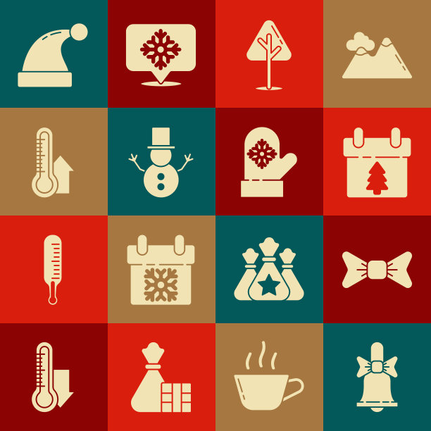 圣诞节套装：响铃、领结、日历、圣诞树、雪人、气象温度计、圣诞帽和手套图标矢量素材图片下载