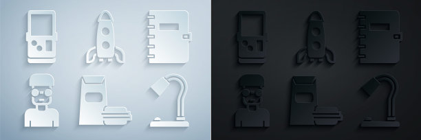 集汉堡，螺旋笔记本，书呆子极客，台灯，火箭船和俄罗斯方块图标。向量图片下载