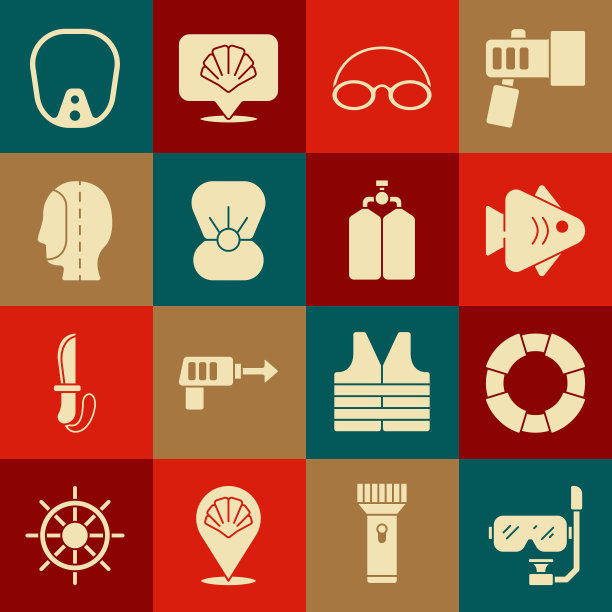 集潜水面罩和呼吸管，救生圈，鱼，眼镜帽，贝壳与珍珠，兜帽，和aququalung图标。向量图片下载