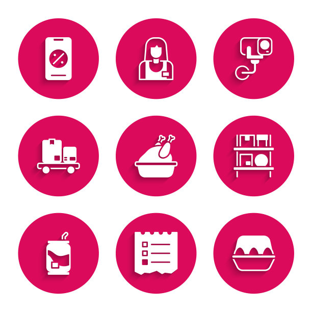 集烤火鸡或鸡肉，购物清单，鸡蛋盒，仓库内部的盒子，苏打水罐，手推车和，安全摄像头和百分之几折扣移动图标。向量图片下载