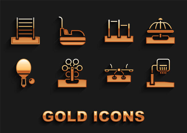 设置摩天轮，吸引旋转木马，篮球篮板，跷跷板，球拍和，单杠，瑞典墙和保险杠图标。向量图片下载