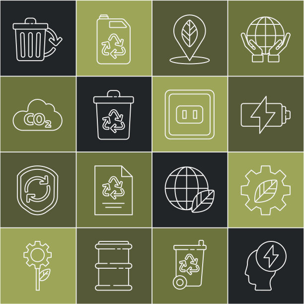 设置线头部和电气符号，叶片工厂在齿轮机，电池，位置与叶片，回收站回收，二氧化碳排放云，和电源插座图标。向量图片下载