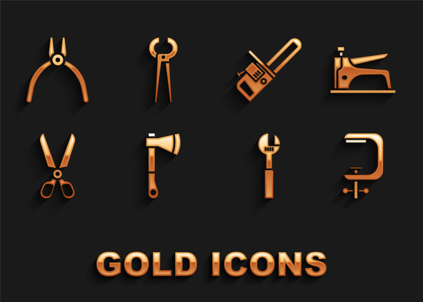 集木斧，建筑订书机，钳和螺丝工具，可调扳手，剪刀，电锯，钳子和钳子钳图标。向量图片下载