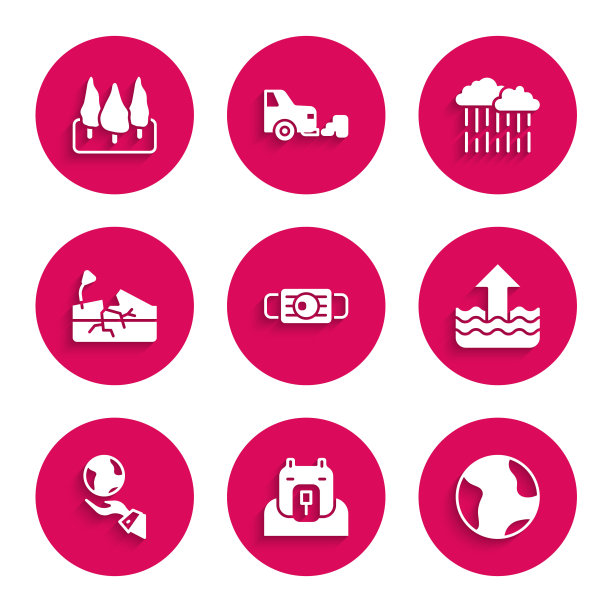 集医疗防护面具，北极熊头，地球球，上升的水位，手握，地震，云与雨和森林的图标。向量图片下载