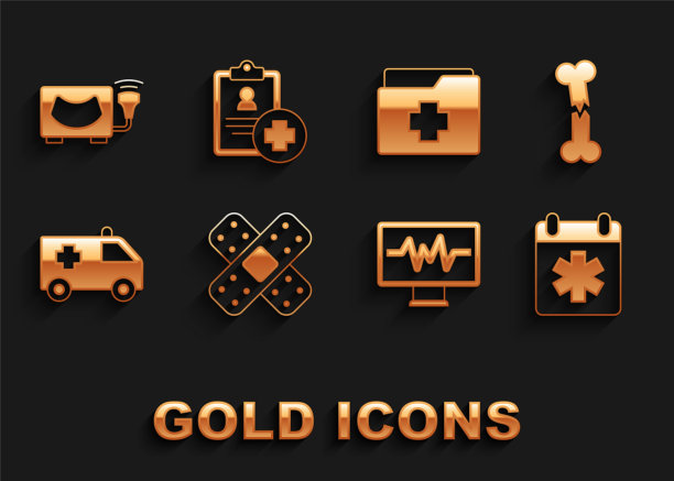 集交叉绷带石膏，人类骨折，医生预约，监护心电图，救护车，病人记录，超声和图标。向量图片下载