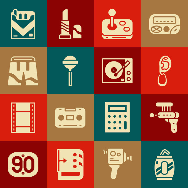 集汽水罐吸管，射线枪，耳环，操纵杆，棒棒糖，短裤或裤子，香烟包装盒和乙烯基播放器图标。向量图片下载