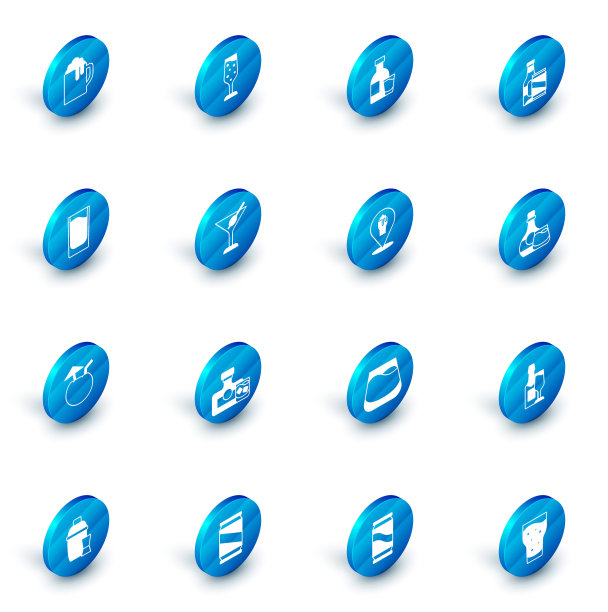 Set Glass of champagne, Bottle vodka with Glass，啤酒瓶和啤酒罐，Shot，椰子鸡尾酒，Martini，威士忌和酒精或酒吧位置图标。向量图片下载