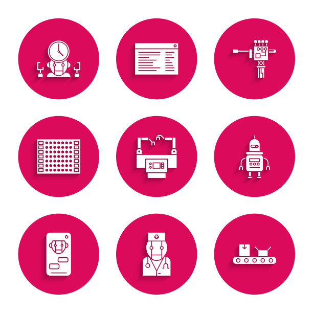 集装配线，机器人医生，带纸箱的传送带，机器人，印刷电路PCB，机械机械手和螺丝刀和数字时间管理器图标。向量图片下载