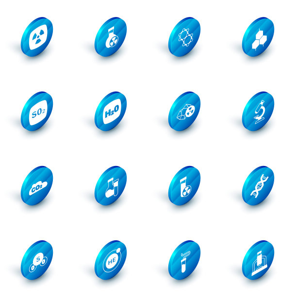 设置试管有毒液体，分子，化学式，二氧化硫SO2，二氧化碳排放云，水，显微镜和放射性图标。向量图片下载