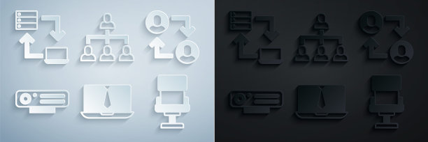 设置视频聊天会议、项目组基地、网络摄像头、办公椅、组织结构图、在线工作图标。向量图片下载