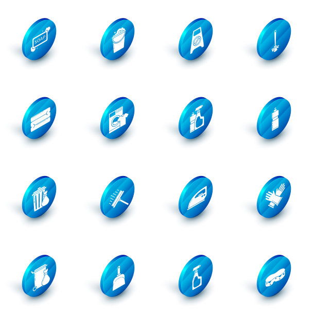 设置有泡沫和气泡的桶，正在进行的湿地清洁，马桶刷，毛巾堆，垃圾桶垃圾袋，洗衣机t恤，液体洗洁精塑料瓶和图标。向量图片下载