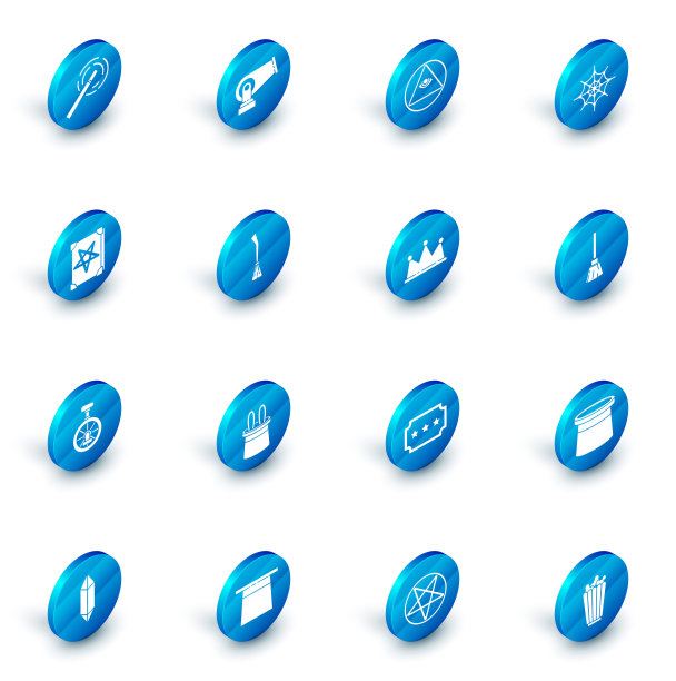 集大炮，泥瓦匠，蜘蛛网，古代魔法书，独轮车或单轮自行车，女巫扫帚，和皇冠图标。向量图片下载