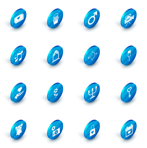 套装鲜花在一个篮子里，男性性别符号，电影相机，音乐笔记，语气与心，心的手，婚礼拱门，香槟和弓箭的酒杯图标。向量图片下载