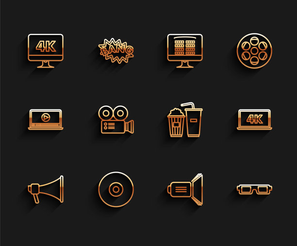 设置线路扩音器，CD或DVD磁盘，电脑PC显示器与4k视频技术，电影聚光灯，3D电影眼镜，电影摄像机，笔记本电脑屏幕和爆米花和苏打饮料图标。向量图片下载