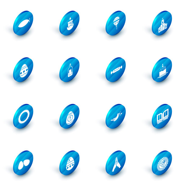 设置燃烧的蜡烛，气球与丝带，教堂建筑，复活节彩蛋，太阳，葡萄酒，蛋糕和糖果的瓶子图标。向量图片下载