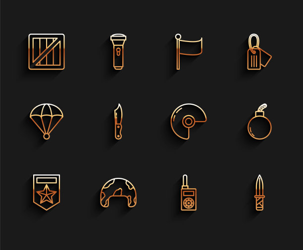 设置线雪佛龙，军用头盔，弹药箱，对讲机，刀，炸弹准备爆炸和图标。向量图片下载