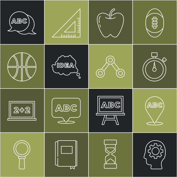 设置线头部齿轮内部，字母表，秒表，苹果，想法，语音气泡，篮球，和分子图标。向量图片下载