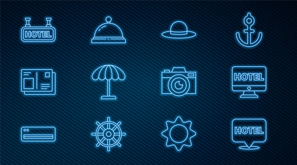 定点酒店，在线预订，优雅女士帽，沙滩遮阳伞，护照加盖签证章，酒店招牌文字，相机和服务铃图标。向量图片下载