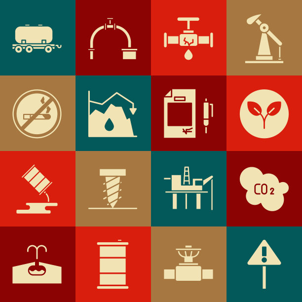 设置惊叹号在三角形，二氧化碳排放云，生物燃料，破裂的管道漏水，原油价格下降，禁止吸烟，石油铁路储罐和合同钱和笔的图标。向量图片下载