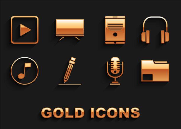 设置铅笔橡皮，耳机，文件夹，麦克风，音乐笔记，音调，平板电脑，播放广场和智能电视图标。向量图片下载