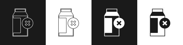 设置乳糖不耐症图标隔离在黑白背景。不允许喝牛奶。过敏概念，乳糖不耐受过敏警告标志。向量图片下载