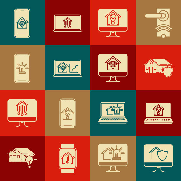 设置电脑显示器与房屋保护，笔记本电脑智能和灯泡，房屋，家庭wi-fi，手机报警，和图标。向量图片下载