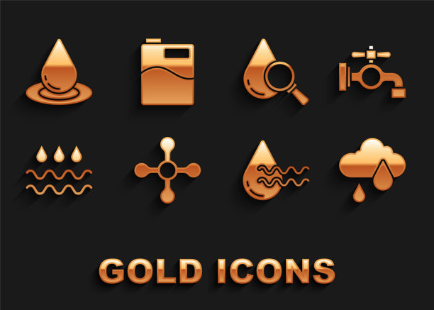 设置水龙头，云与雨，回收清洁水，波浪水滴，水滴和放大镜，和大瓶图标。向量图片下载