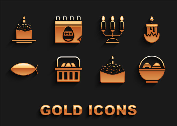 设定篮子与复活节彩蛋，燃烧的蜡烛，复活节蛋糕，基督教鱼，烛台烛台，和日历图标。向量图片下载