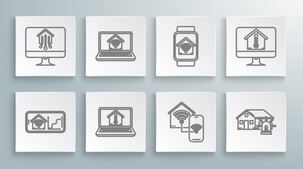 设置线手机与智能家居与wi-fi，笔记本电脑，室内温度，智能，闹钟，手表，电脑显示器和图标。向量图片下载