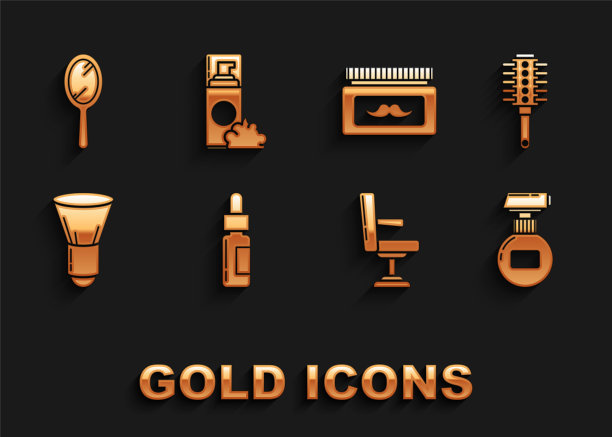 集玻璃瓶移液管，发刷，面霜或乳液化妆品管，理发店椅子，剃须，罐子，手镜和凝胶泡沫图标。向量图片下载