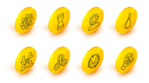 设线拼图在手，人力资源，项目团队基地，振铃，齿轮内部，旧沙漏流动的沙子和齿轮美元符号图标。向量图片下载