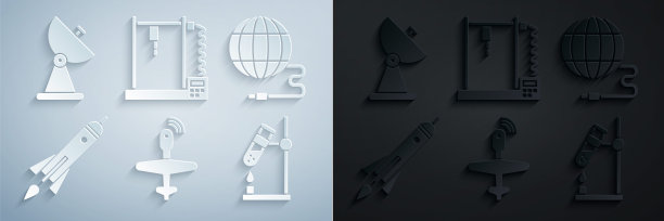 集无人机无人机，社交网络，火箭船与火，试管烧瓶，3D打印机和雷达图标。向量图片下载