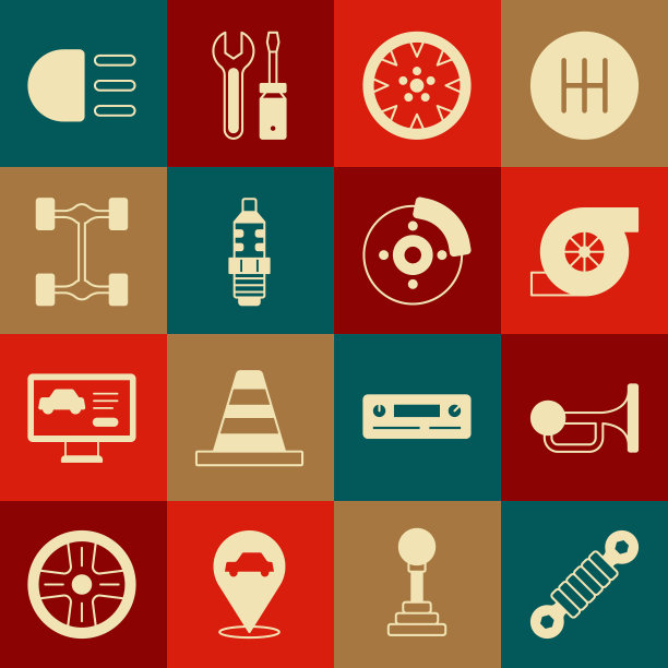 集减震器，信号喇叭上的车辆，汽车涡轮增压器，合金车轮，汽车火花塞，底盘汽车，远光灯和制动盘与卡钳图标。向量图片下载