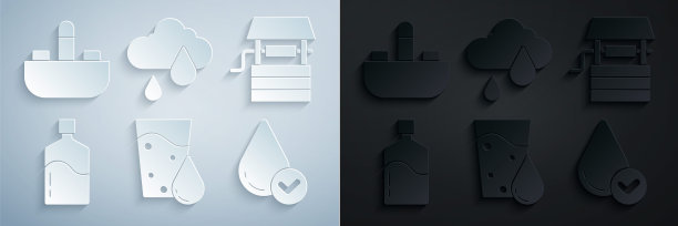 集玻璃与水，井桶，大瓶清洁，水滴，云雨和脸盆水龙头图标。向量图片下载