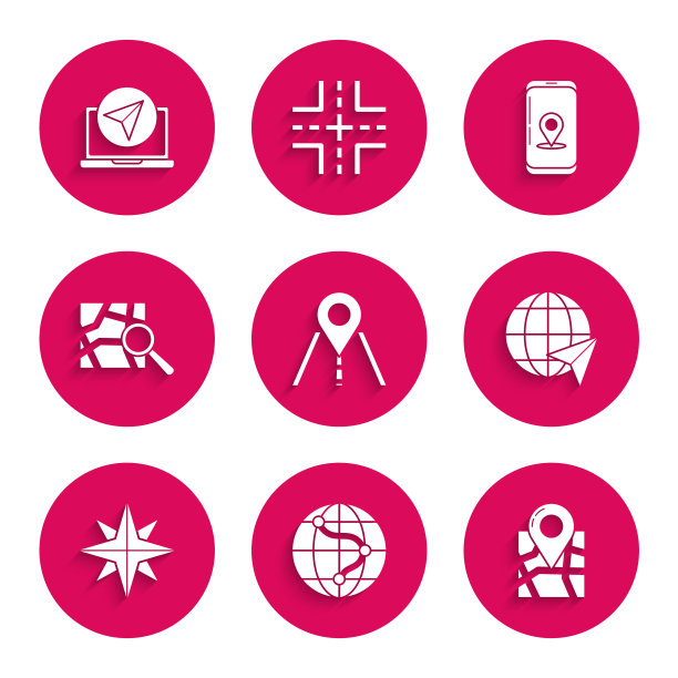 设置道路交通标志，位置在全球，折叠地图与位置标记，风玫瑰，信息图的城市导航和图标。向量图片下载